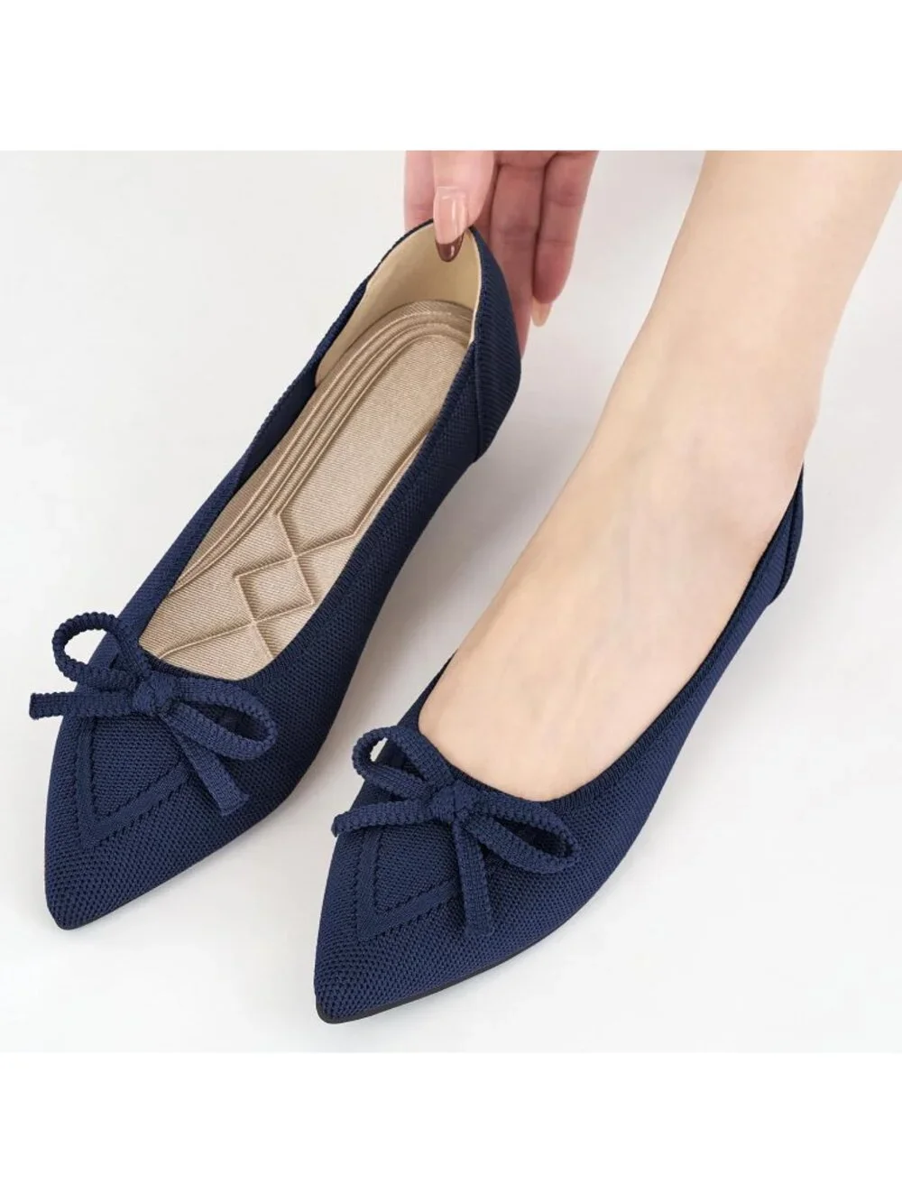 Women's Blue Ballet Flats Shoes Dressy Pointed Toe Bow Knit Flats Comfortable